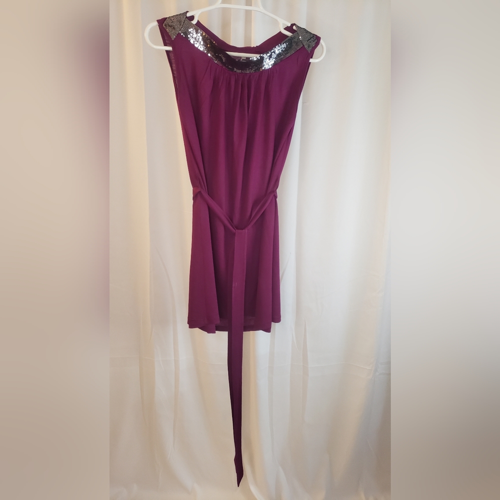 Do & Be, Violet tunic, boat neck with sequins, belt, women's size Medium.